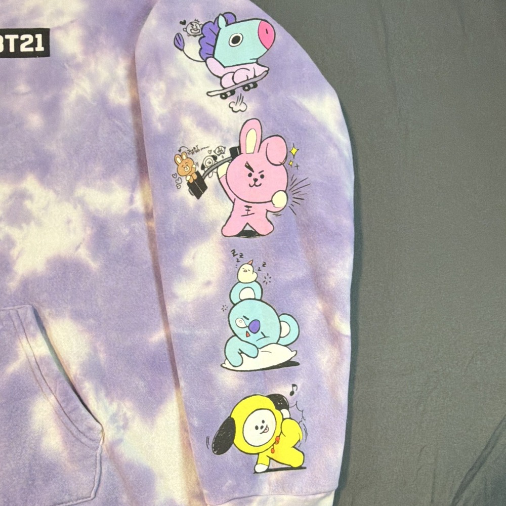 BT21 Purple White Tie-Dye Pullover Hoodie Kangaroo Pocket Medium Cartoon KPop - Picture 3 of 15